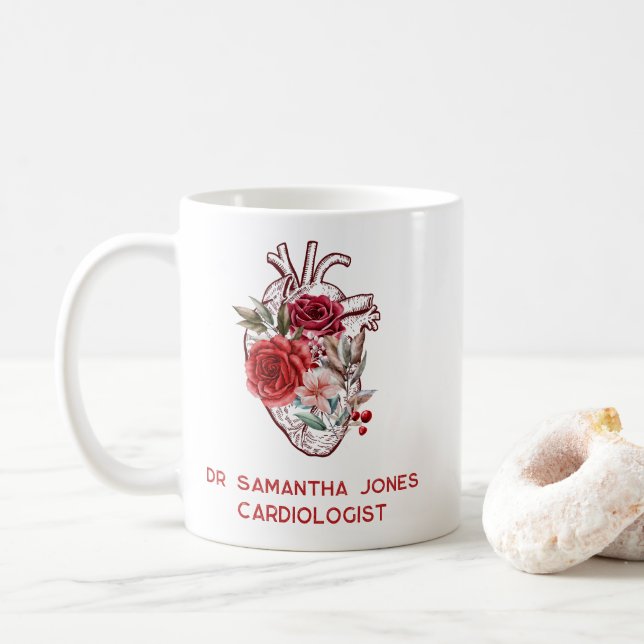 Personalized Anatomical Heart Floral Cardiologist Coffee Mug (With Donut)