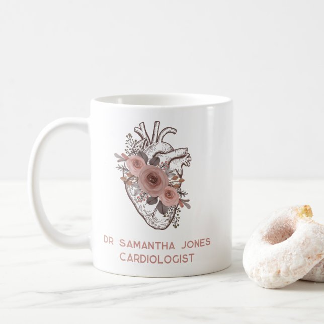 Personalized Anatomical Heart Floral Cardiologist Coffee Mug (With Donut)