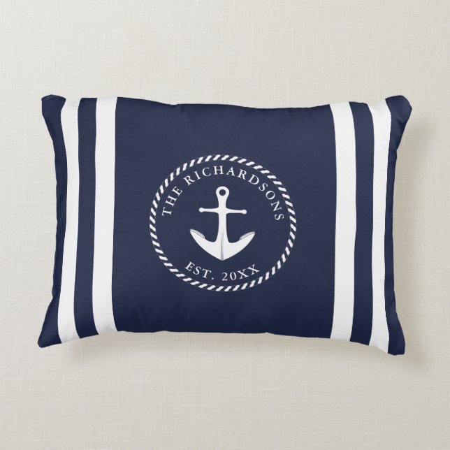 Personalized Anchor and Stripes Navy Blue Accent Pillow (Back)