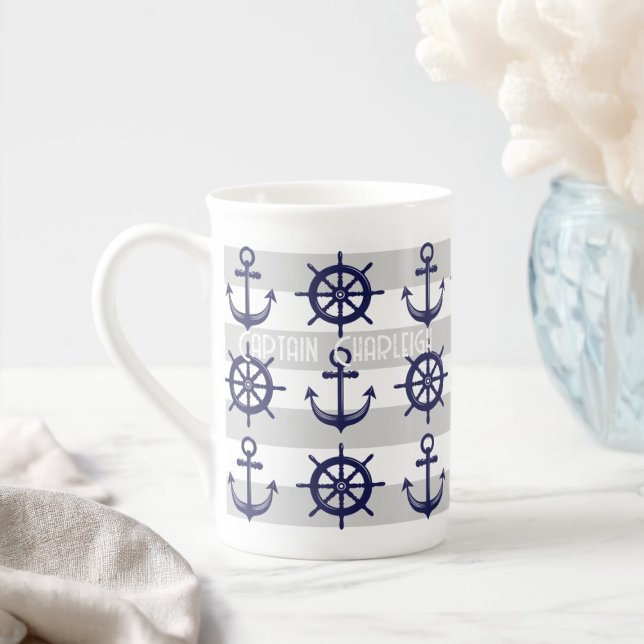 Personalized Anchor Boat Wheel Striped Nautical Bone China Mug (Creator Uploaded)