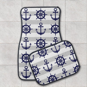 Personalized Anchor Boat Wheel Stripes Nautical Car Floor Mat