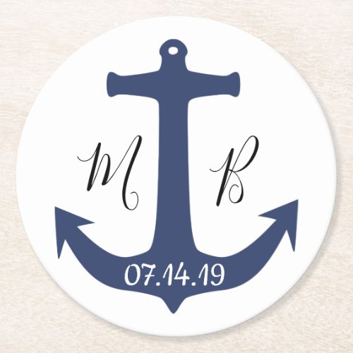 Personalized Anchor Nautical Wedding Round Paper Coaster