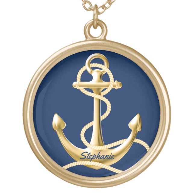 Personalized anchor necklace navy blue gold (Front)