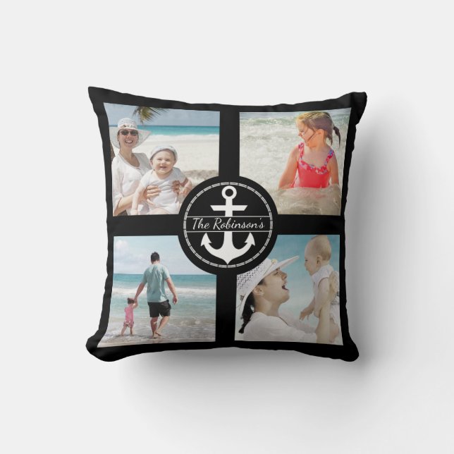 Personalized Anchor Photo Collage Black Throw Pillow (Front)