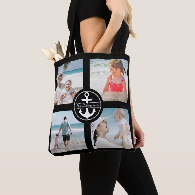 Personalized Anchor Photo Collage Black Tote Bag (Close Up)