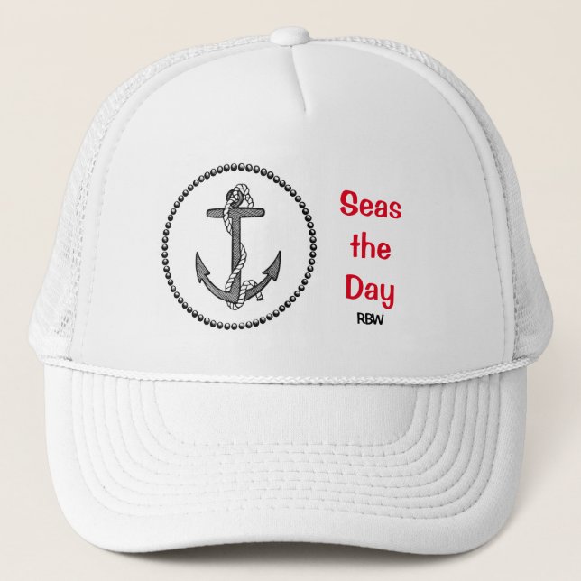 Personalized Anchor "Seas the Day" Trucker Hat (Front)