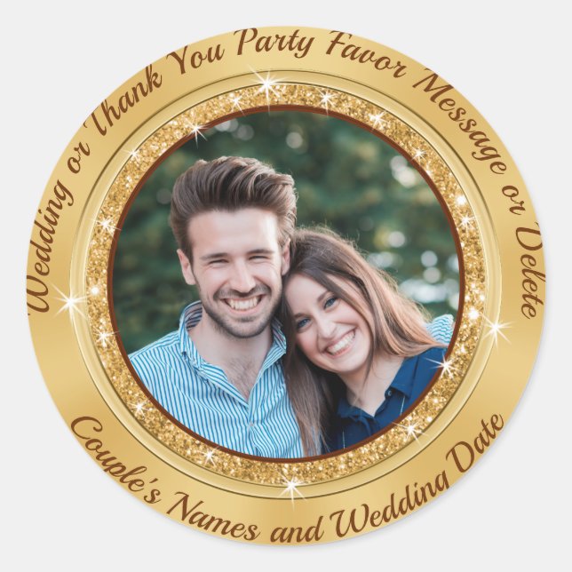 Personalized and PHOTO, Gold Wedding Stickers,  Classic Round Sticker (Front)