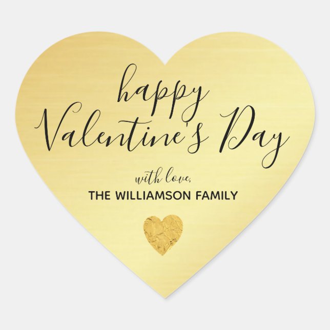 Personalized and Trendy Gold Happy Valentines Day Heart Sticker (Front)