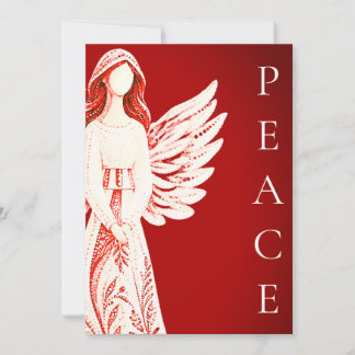 Personalized Angel Christmas Card PEACE Ivory Red