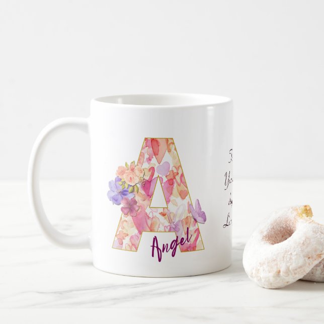 Personalized Angel Initial A with Heart Pattern Coffee Mug (With Donut)