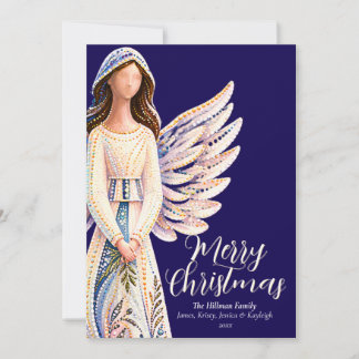 Personalized Angel Merry Christmas Family Dk Blue Holiday Card