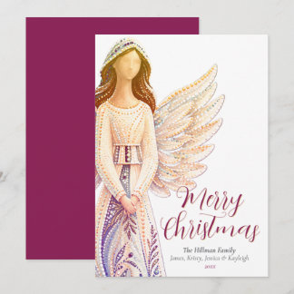 Personalized Angel Merry Christmas Family Name Red Holiday Card