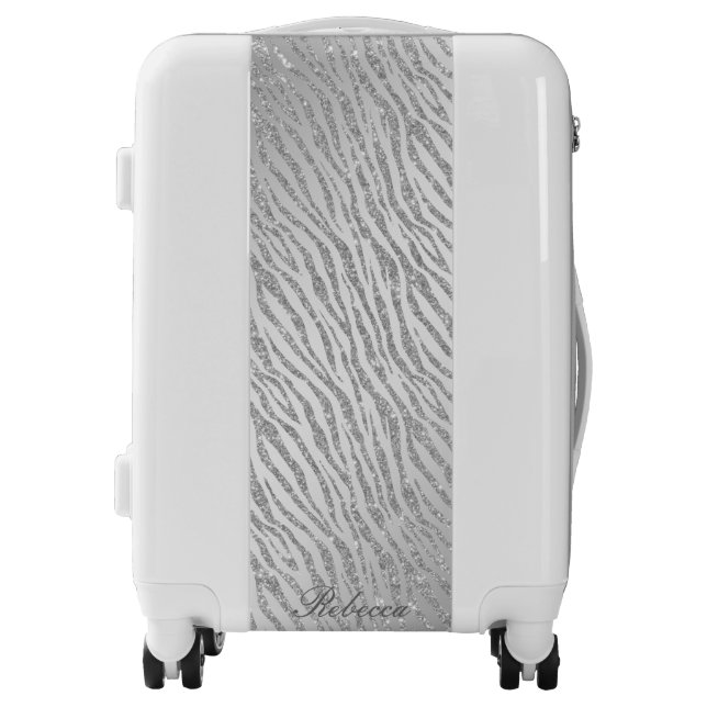 Personalized Animal Print Silver Glitter Glam Luggage (Front)