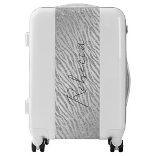 Personalized Animal Print Silver Glitter Glam Luggage