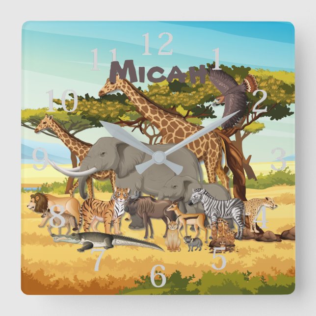 Personalized Animals of Africa Square Wall Clock (Front)