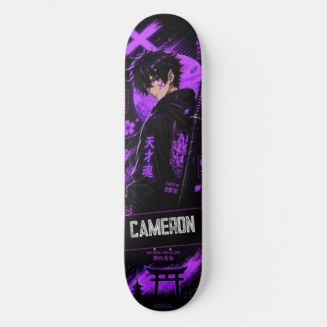 Personalized Anime  Black Purple Samurai  Skateboard (Front)
