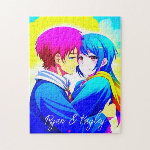 Personalized Anime Couple Hugging Pink and Blue Jigsaw Puzzle