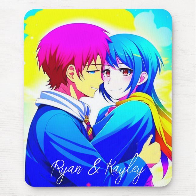 Personalized Anime Couple Hugging Pink and Blue Mouse Pad (Front)