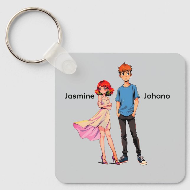 Personalized Anime Couple Square Keychain -  (Front)