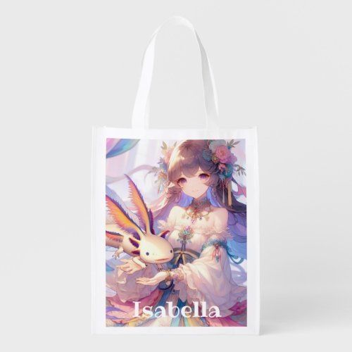 Personalized Anime Girl and Axolotl Grocery Bag