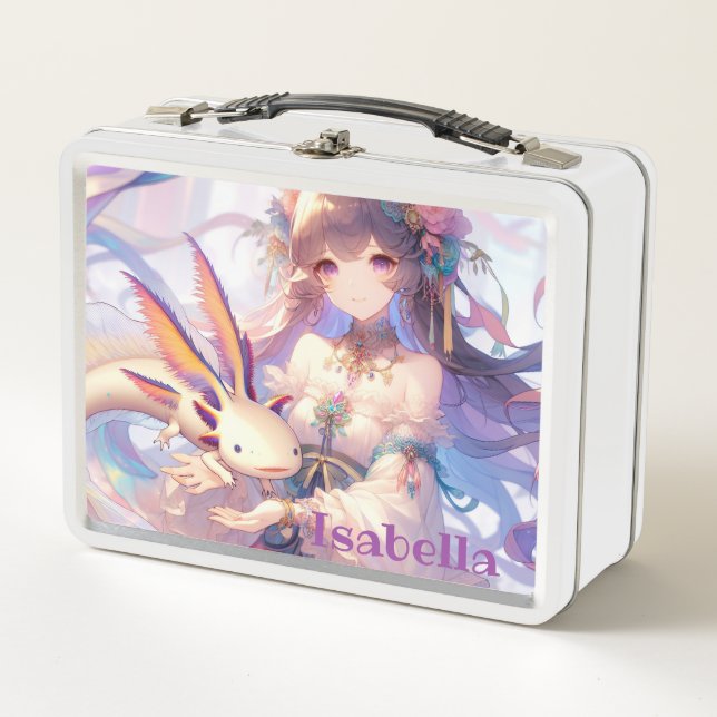 Personalized Anime Girl and Axolotl Metal Lunch Box (Front)