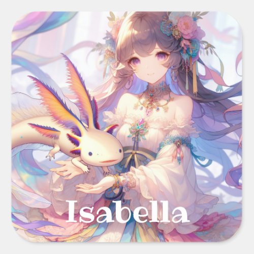Personalized Anime Girl and Axolotl Square Sticker