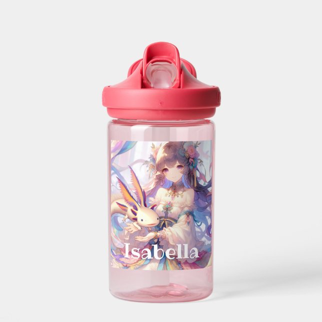 Personalized Anime Girl and Axolotl Water Bottle (Front)
