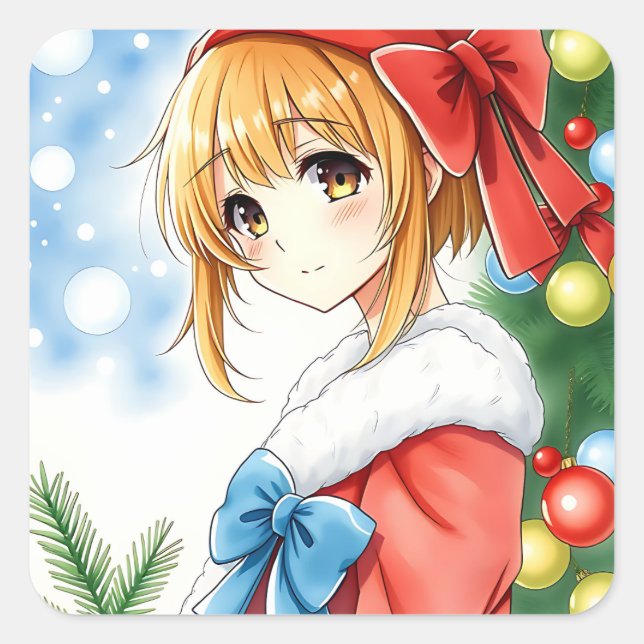 Personalized Anime Girl Christmas Square Sticker (Front)