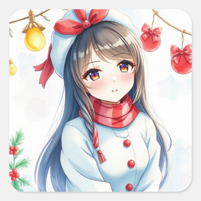 Personalized Anime Girl Christmas Square Sticker (Front)