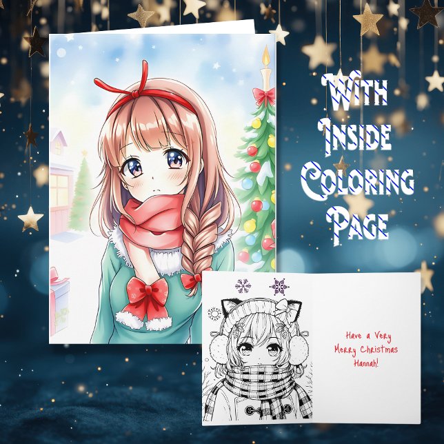 Personalized Anime Girl Coloring Page Christmas Card (Creator Uploaded)