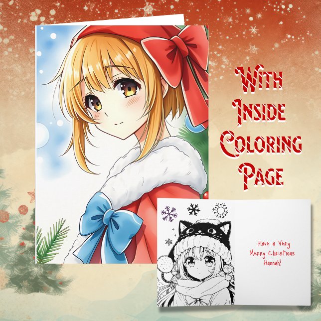 Personalized Anime Girl Coloring Page Christmas Card (Creator Uploaded)