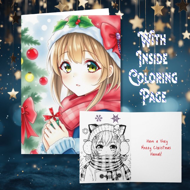 Personalized Anime Girl Coloring Page Christmas Card (Creator Uploaded)