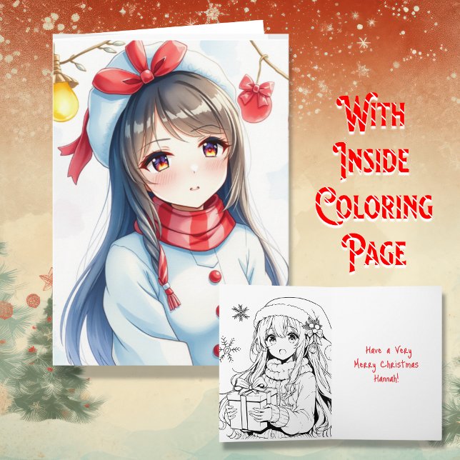 Personalized Anime Girl Coloring Page Christmas Card (Creator Uploaded)