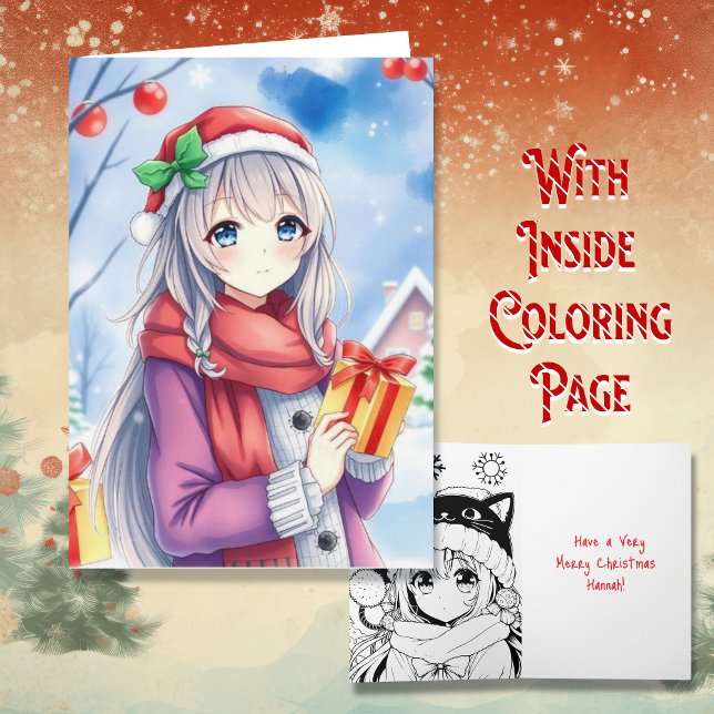 Personalized Anime Girl Coloring Page Christmas Card (Creator Uploaded)