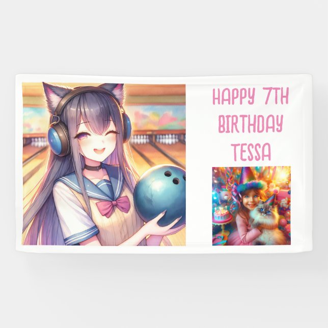 Personalized Anime Girl in Bowling Birthday Party Banner (Horizontal)