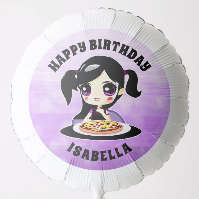 Personalized Anime Girl Pizza Party Birthday Balloon (Front)