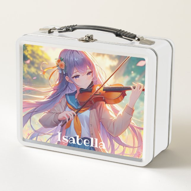 Personalized Anime Girl Playing the Violin Metal Lunch Box (Front)