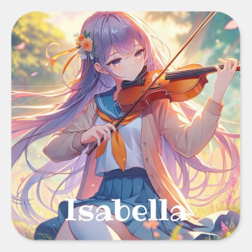 Personalized Anime Girl Playing the Violin Square Sticker