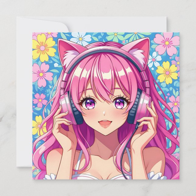 Personalized Anime Girl with Headphones Birthday Card (Front)