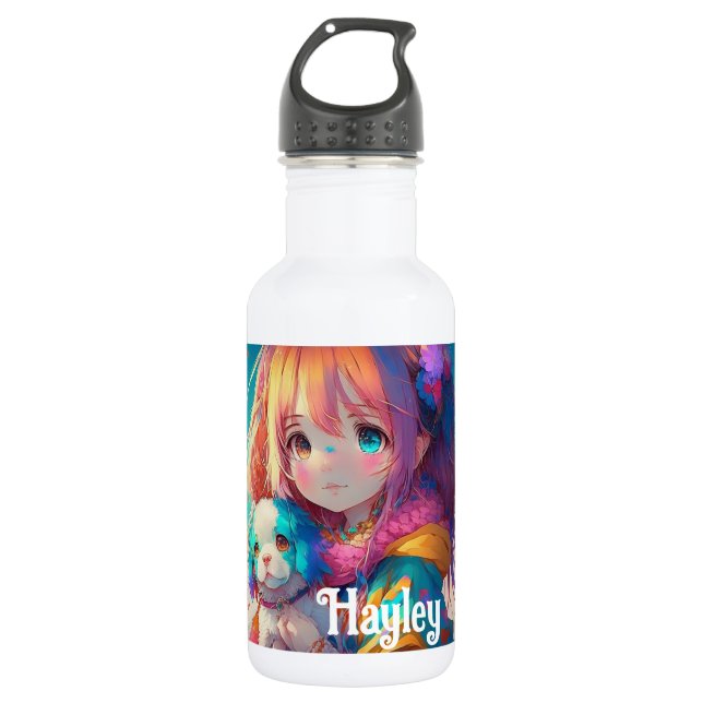 Personalized Anime Girl with Puppy Stainless Steel Water Bottle (Front)