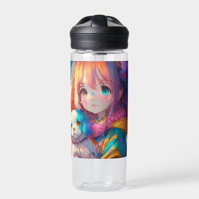 Personalized Anime Girl with Puppy Water Bottle (Front)
