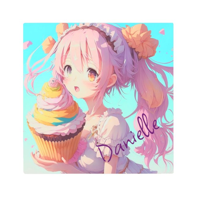 Personalized Anime Girl with Whimsical Cupcake Metal Print (Front)
