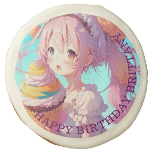 Personalized Anime Girl with Whimsical Cupcake Sugar Cookie