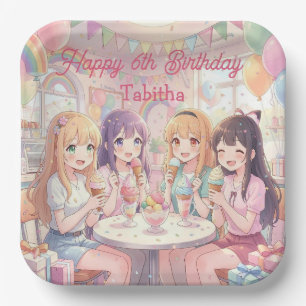 Personalized Anime Girl's Ice Cream Birthday Party Paper Plates