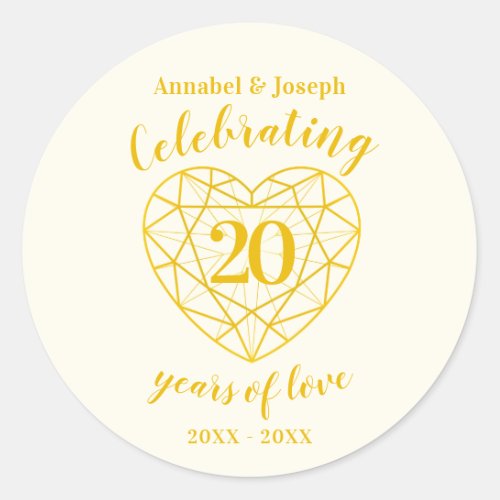 Personalized anniversary 20 years golden diamond classic round sticker