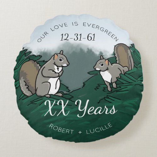 Personalized Anniversary Evergreen Love Squirrels Round Pillow