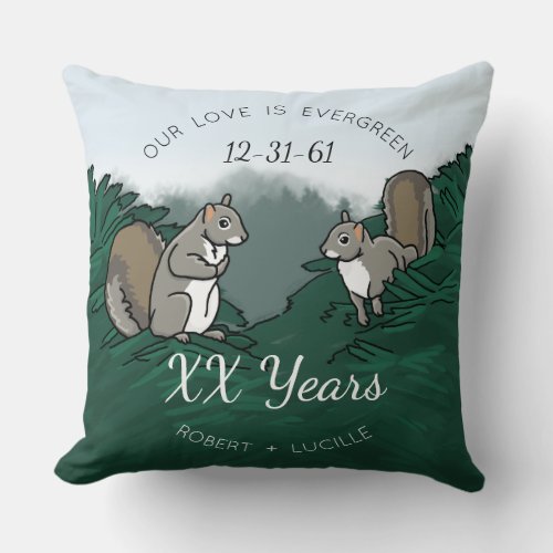 Personalized Anniversary Evergreen Love Squirrels Throw Pillow