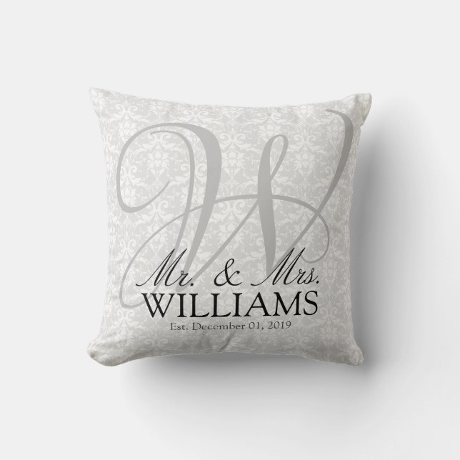 Personalized Anniversary or Wedding, White Damask Throw Pillow (Front)