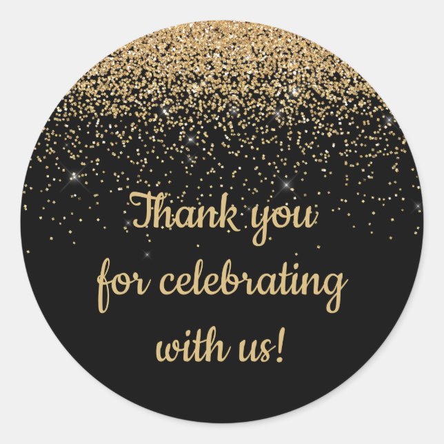 Personalized Anniversary Party Favor Black & Gold Classic Round Sticker (Front)