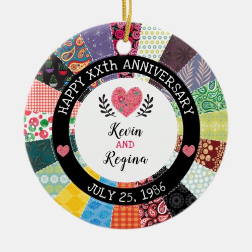 Personalized Anniversary Patchwork Quilt Pattern Ceramic Ornament